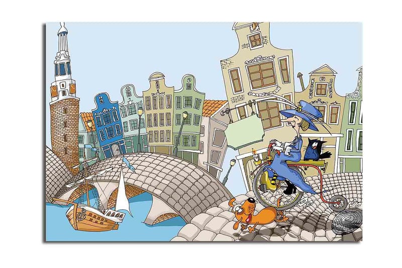 Lerretsbilde 70x100 cm - Kvinne på sykkel med hund og katt, omgitt av fargerike hus og en bro - Blå / Grønn / Oransje - Innredning - Bilder & kunst - Lerretsbilder