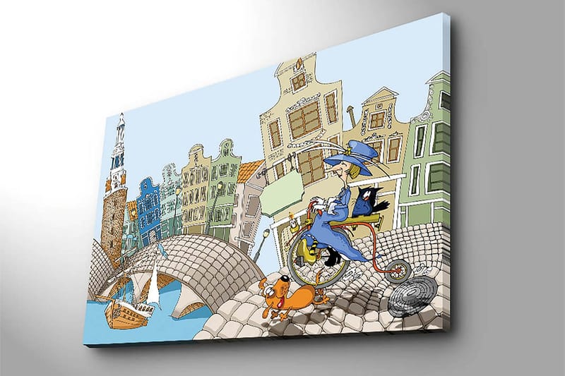 Lerretsbilde 70x100 cm - Kvinne på sykkel med hund og katt, omgitt av fargerike hus og en bro - Blå / Grønn / Oransje - Innredning - Bilder & kunst - Lerretsbilder