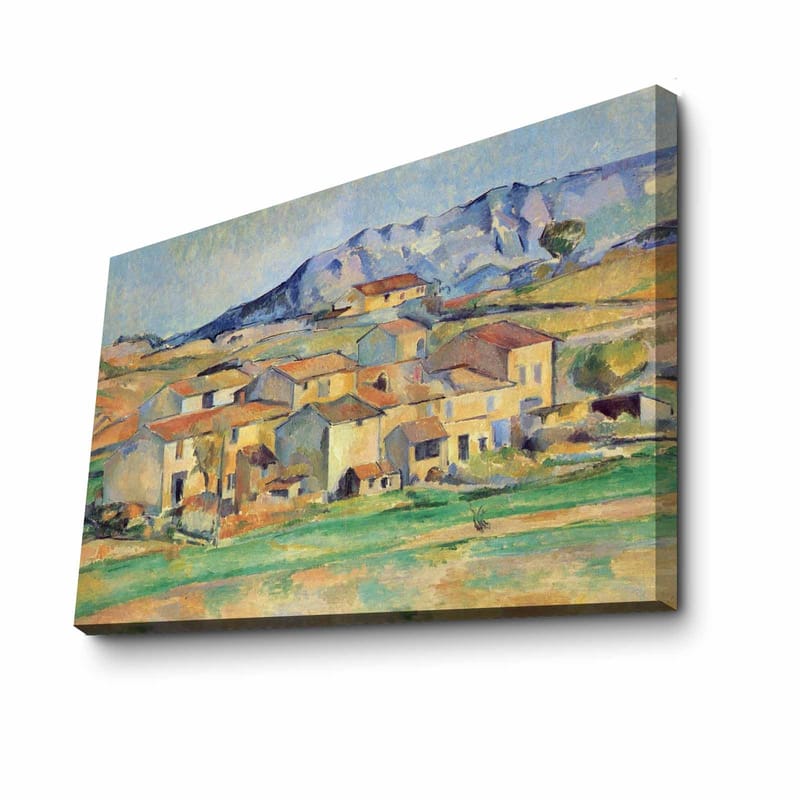 Lerretsbilde 70x100 cm - Landskapsmaleri med pittoreske hus omgitt av grønne marker og fjell i bakgrunnen - Gul / Grønn / Blå - Innredning - Bilder & kunst - Lerretsbilder