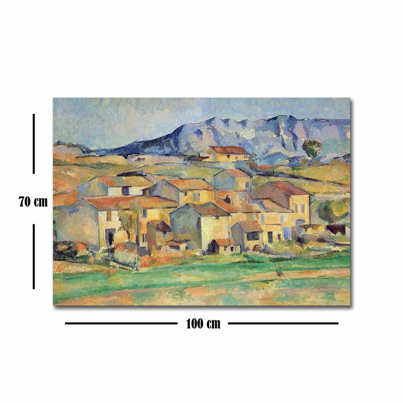 Lerretsbilde 70x100 cm - Landskapsmaleri med pittoreske hus omgitt av grønne marker og fjell i bakgrunnen - Gul / Grønn / Blå - Innredning - Bilder & kunst - Lerretsbilder