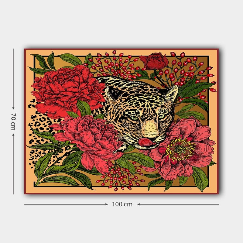 Lerretsbilde 70x100 cm - Leopard omgitt av fargerike blomster og grønne blader - Rød / Grønn / Beige - Innredning - Bilder & kunst - Lerretsbilder