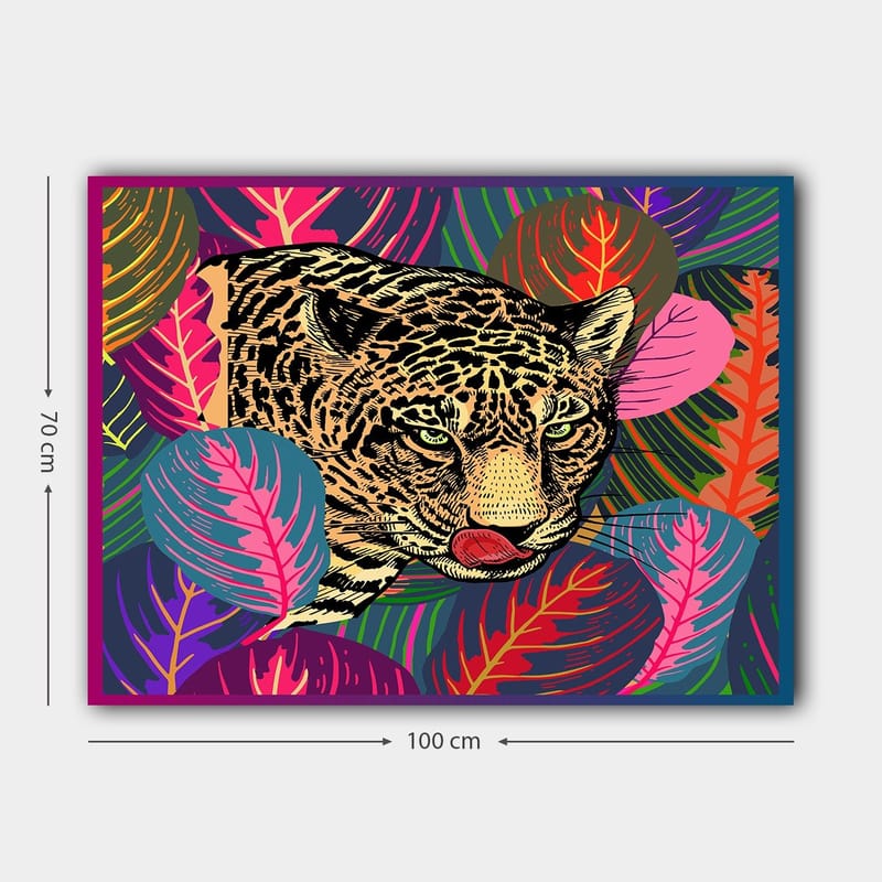 Lerretsbilde 70x100 cm - Leopard som sniker seg gjennom fargerike tropiske planter - Grønn / Rosa / Gul - Innredning - Bilder & kunst - Lerretsbilder