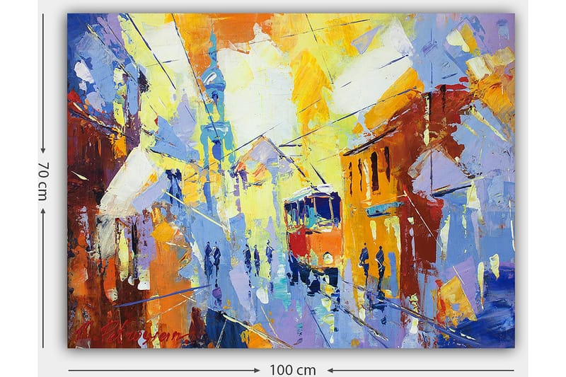 Lerretsbilde 70x100 cm - Livlig bybilde med en trikk som kjører gjennom en fargerik gate - Gul / Blå / Oransje - Innredning - Bilder & kunst - Lerretsbilder