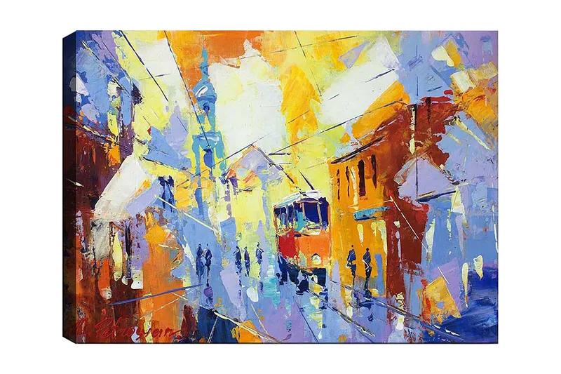Lerretsbilde 70x100 cm - Livlig bybilde med en trikk som kjører gjennom en fargerik gate, Gul / Blå / Oransje