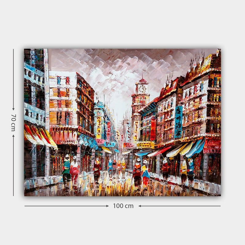 Lerretsbilde 70x100 cm - Livlig bybilde med fargerike bygninger og folk som går på en regnfull gate - Rød / Blå / Gul - Innredning - Bilder & kunst - Lerretsbilder