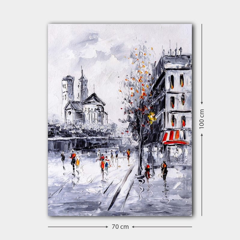 Lerretsbilde 70x100 cm - Livlig bybilde med folk som går foran en kirke og bygninger i et høstlig miljø - Grå / Oransje / Svart - Innredning - Bilder & kunst - Lerretsbilder