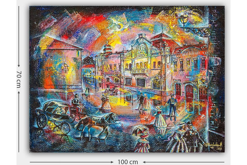 Lerretsbilde 70x100 cm - Livlig bybilde med mennesker i historiske klær som går på en gate med vakre bygninger og hestevogner - Blå / Rød / Gul - Innredning - Bilder & kunst - Lerretsbilder
