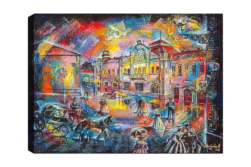 Lerretsbilde 70x100 cm - Livlig bybilde med mennesker i historiske klær som går på en gate med vakre bygninger og hestevogner - Blå / Rød / Gul - Innredning - Bilder & kunst - Lerretsbilder