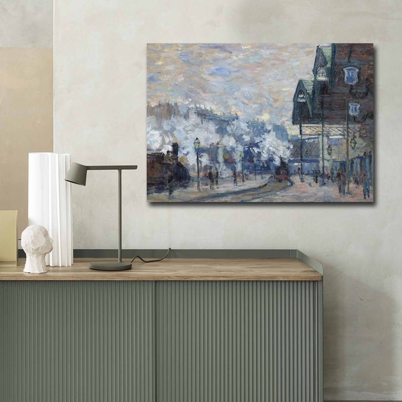 Lerretsbilde 70x100 cm - Livlig bybilde med mennesker og bygninger i vintermiljø - Blå / Grå / Hvit - Innredning - Bilder & kunst - Lerretsbilder