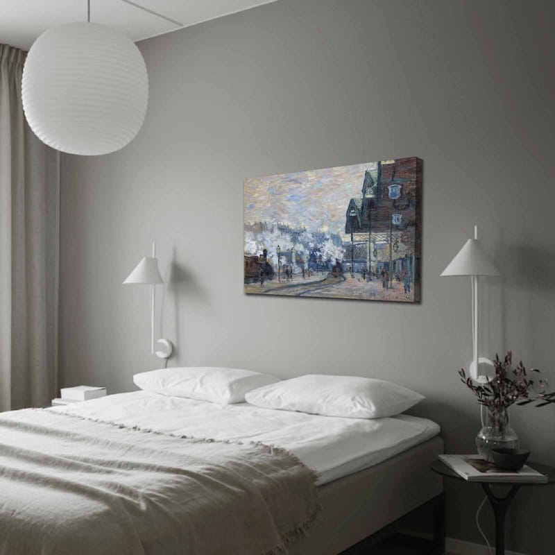 Lerretsbilde 70x100 cm - Livlig bybilde med mennesker og bygninger i vintermiljø, Blå / Grå / Hvit