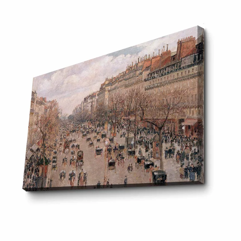 Lerretsbilde 70x100 cm - Livlig bybilde med mennesker og hestevogner på en gate omgitt av trær og bygninger - Lys rosa / Beige / Mørk grønn - Innredning - Bilder & kunst - Lerretsbilder