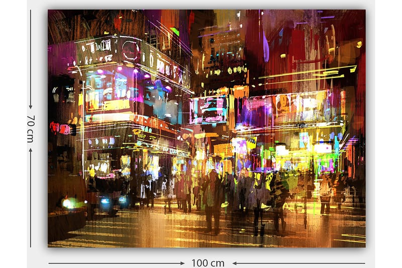 Lerretsbilde 70x100 cm - Livlig bybilde med mennesker som beveger seg blant fargerike neonskilt og lys - Lilla / Gul / Grønn - Innredning - Bilder & kunst - Lerretsbilder