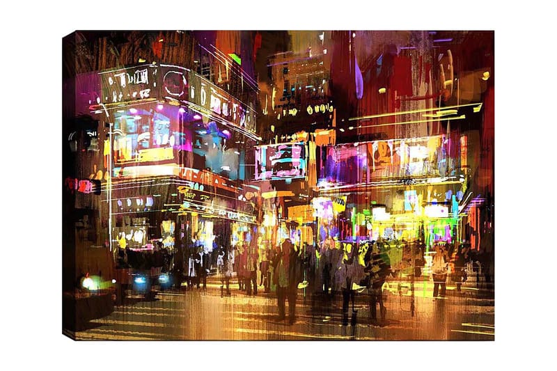 Lerretsbilde 70x100 cm - Livlig bybilde med mennesker som beveger seg blant fargerike neonskilt og lys, Lilla / Gul / Grønn