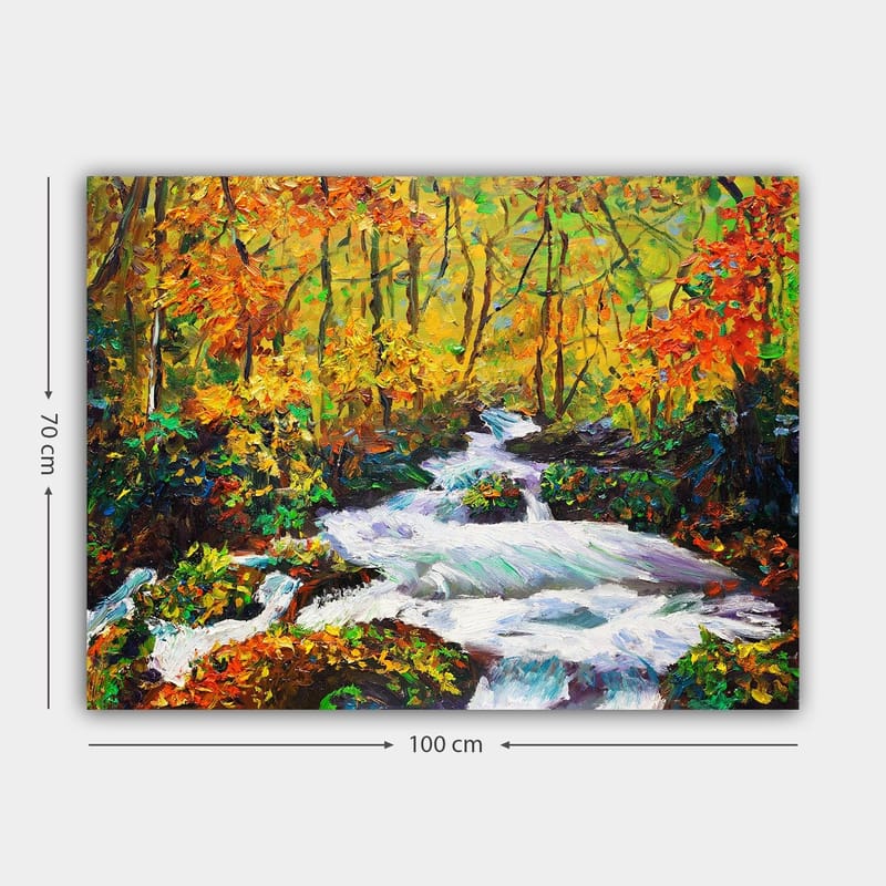 Lerretsbilde 70x100 cm - Livlig elv som renner gjennom et fargerikt høstskoglandskap - Oransje / Grønn / Hvit - Innredning - Bilder & kunst - Lerretsbilder