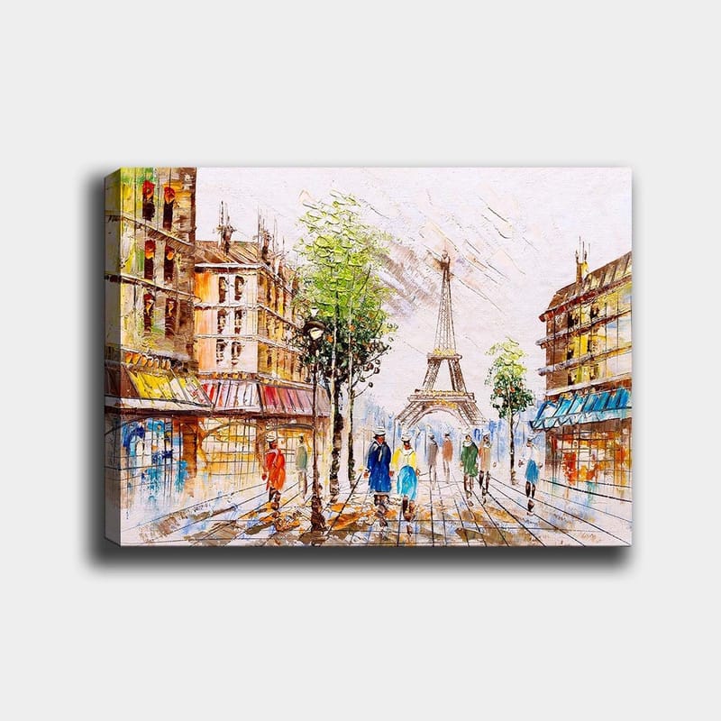 Lerretsbilde 70x100 cm - Livlig gate i Paris med Eiffeltårnet i bakgrunnen og folk som går, Grønn / Blå / Oransje