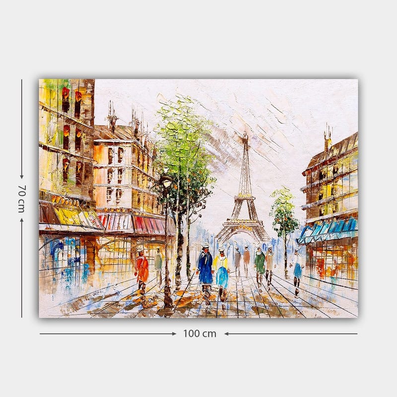 Lerretsbilde 70x100 cm - Livlig gate i Paris med Eiffeltårnet i bakgrunnen og folk som går - Grønn / Blå / Oransje - Innredning - Bilder & kunst - Lerretsbilder