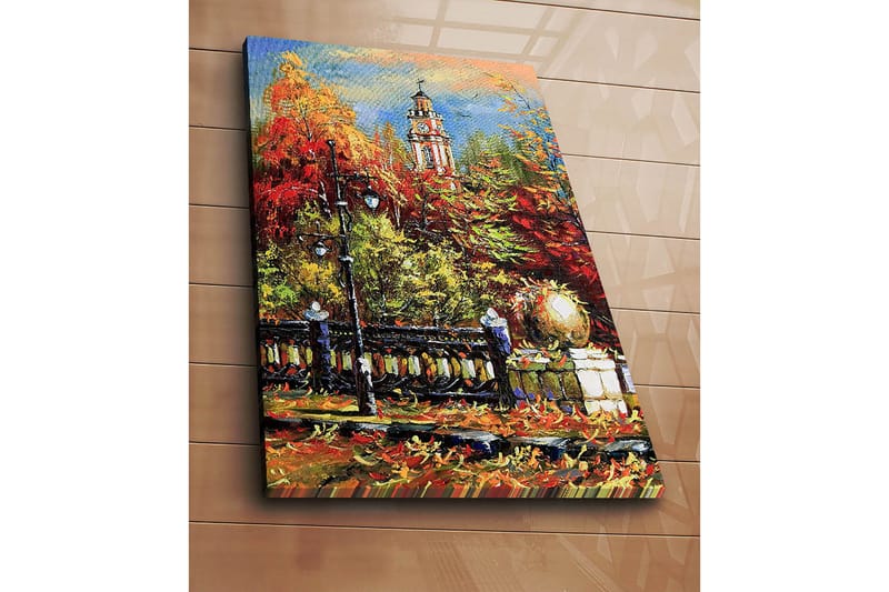 Lerretsbilde 70x100 cm - Livlig høstscene med et klokketårn i bakgrunnen omgitt av fargerike trær og lys - Rød / Oransje / Grønn - Innredning - Bilder & kunst - Lerretsbilder