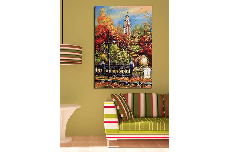 Lerretsbilde 70x100 cm - Livlig høstscene med et klokketårn i bakgrunnen omgitt av fargerike trær og lys - Rød / Oransje / Grønn - Innredning - Bilder & kunst - Lerretsbilder