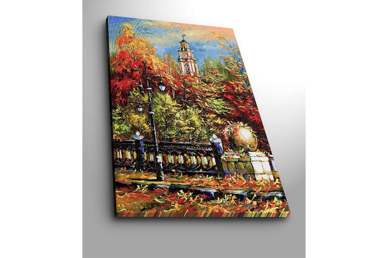 Lerretsbilde 70x100 cm - Livlig høstscene med et klokketårn i bakgrunnen omgitt av fargerike trær og lys - Rød / Oransje / Grønn - Innredning - Bilder & kunst - Lerretsbilder