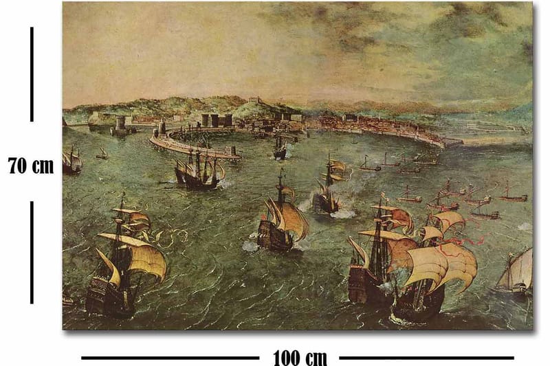 Lerretsbilde 70x100 cm - Livlig innsjø med flere seilbåter som navigerer gjennom vannet - Grønn / Brun / Beige - Innredning - Bilder & kunst - Lerretsbilder