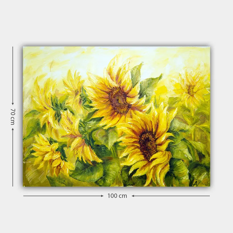 Lerretsbilde 70x100 cm - Livlig maleri av solsikker i forskjellige nyanser av gult og grønt - Gul / Grønn / Brun - Innredning - Bilder & kunst - Lerretsbilder