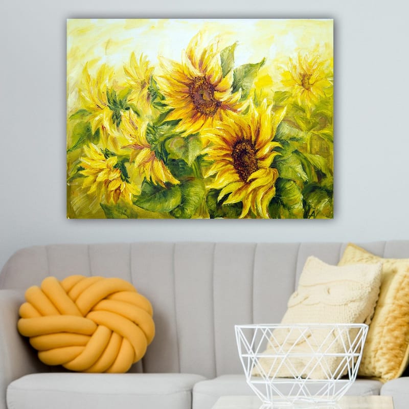 Lerretsbilde 70x100 cm - Livlig maleri av solsikker i forskjellige nyanser av gult og grønt - Gul / Grønn / Brun - Innredning - Bilder & kunst - Lerretsbilder