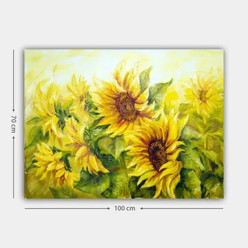 Lerretsbilde 70x100 cm - Livlig maleri av solsikker i forskjellige nyanser av gult og grønt - Gul / Grønn / Brun - Innredning - Bilder & kunst - Lerretsbilder