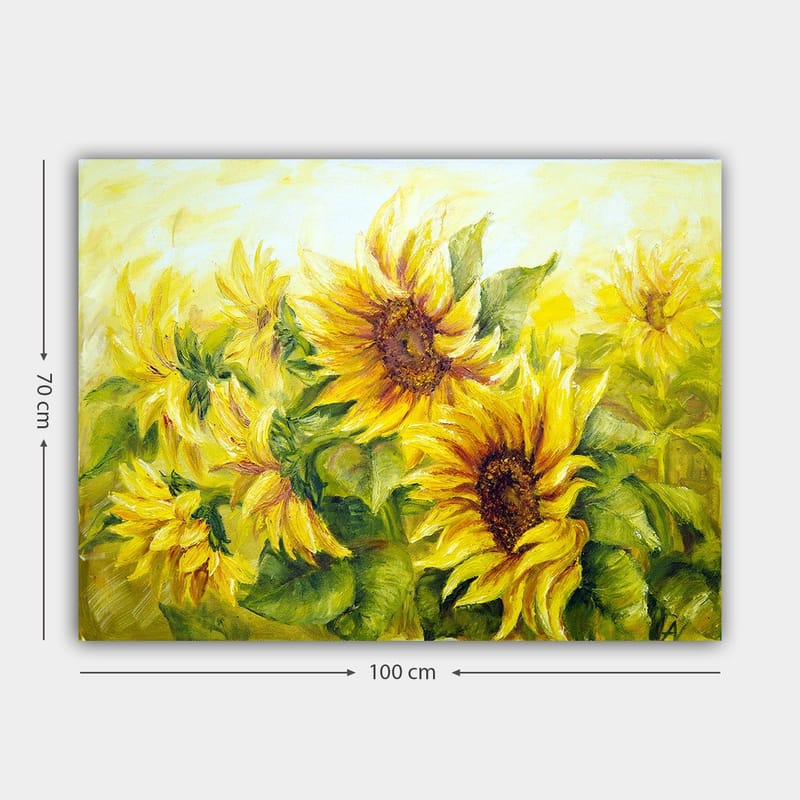 Lerretsbilde 70x100 cm - Livlig maleri av solsikker i forskjellige nyanser av gult og grønt - Gul / Grønn / Brun - Innredning - Bilder & kunst - Lerretsbilder