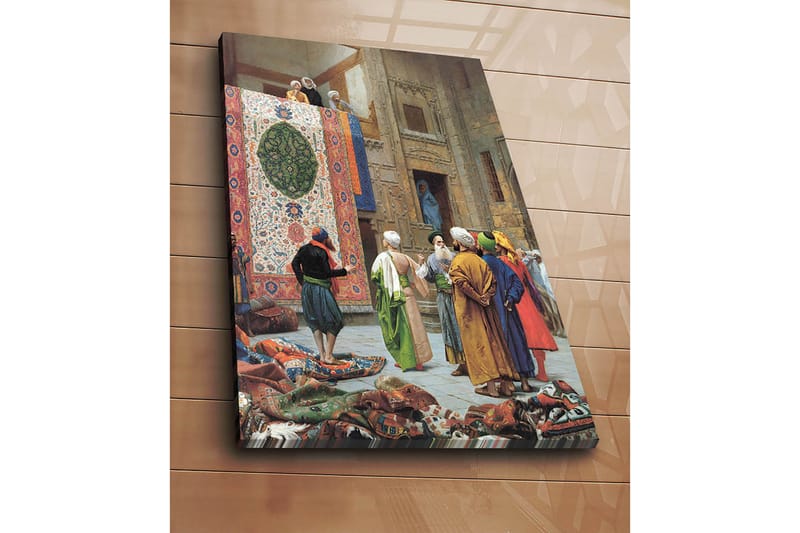 Lerretsbilde 70x100 cm - Livlig markedsscene med menn som diskuterer og beundrer et stort, fargerikt teppe - Rød / Grønn / Blå - Innredning - Bilder & kunst - Lerretsbilder