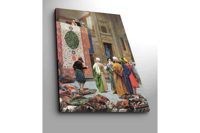 Lerretsbilde 70x100 cm - Livlig markedsscene med menn som diskuterer og beundrer et stort, fargerikt teppe - Rød / Grønn / Blå - Innredning - Bilder & kunst - Lerretsbilder