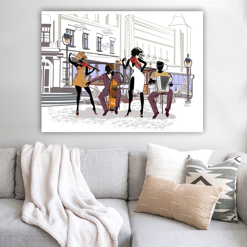 Lerretsbilde 70x100 cm - Livlig musikkgruppe som spiller på en gate, med fokus på fire musikere og instrumentene deres - Svart / Rød / Beige - Innredning - Bilder & kunst - Lerretsbilder