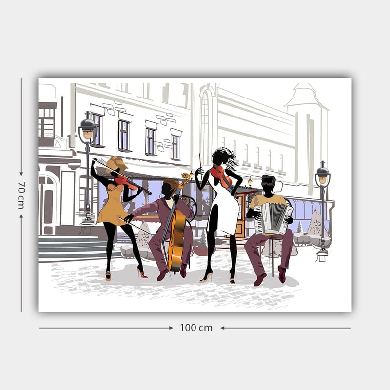 Lerretsbilde 70x100 cm - Livlig musikkgruppe som spiller på en gate, med fokus på fire musikere og instrumentene deres - Svart / Rød / Beige - Innredning - Bilder & kunst - Lerretsbilder