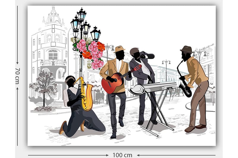 Lerretsbilde 70x100 cm - Livlig musikkscene med fire musikere som spiller forskjellige instrumenter på en gate, omgitt av blomster og lys - Mørk brun / Rød / Svart - Innredning - Bilder & kunst - Lerretsbilder