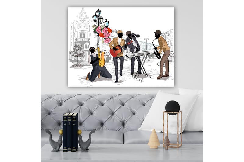 Lerretsbilde 70x100 cm - Livlig musikkscene med fire musikere som spiller forskjellige instrumenter på en gate, omgitt av blomster og lys - Mørk brun / Rød / Svart - Innredning - Bilder & kunst - Lerretsbilder