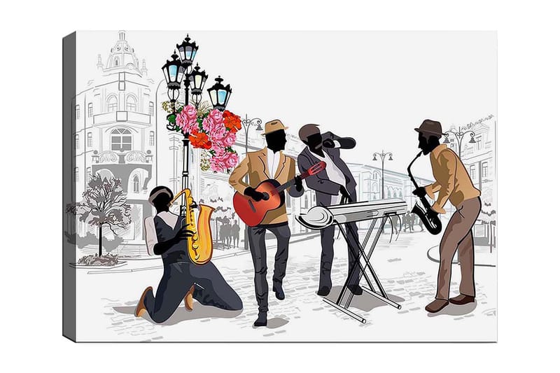 Lerretsbilde 70x100 cm - Livlig musikkscene med fire musikere som spiller forskjellige instrumenter på en gate, omgitt av blomster og lys, Mørk brun / Rød / Svart