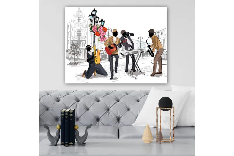 Lerretsbilde 70x100 cm - Livlig musikkscene med fire musikere som spiller forskjellige instrumenter på en gate, omgitt av blomster og lys - Mørk brun / Rød / Svart - Innredning - Bilder & kunst - Lerretsbilder