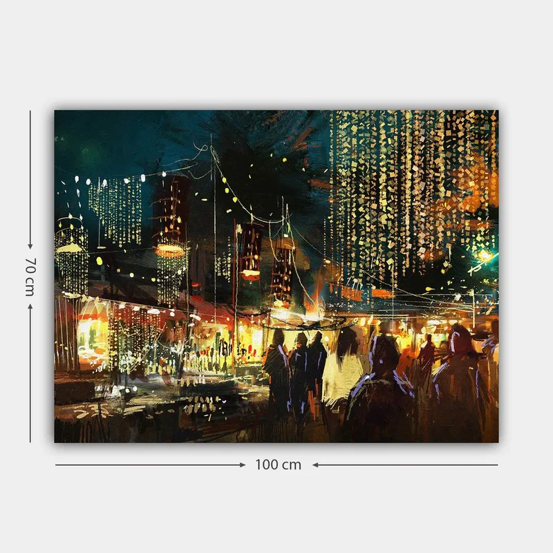 Lerretsbilde 70x100 cm - Livlig nattmarked med folk og lys som skaper en festlig atmosfære - Mørk blå / Gull / Rød - Innredning - Bilder & kunst - Lerretsbilder
