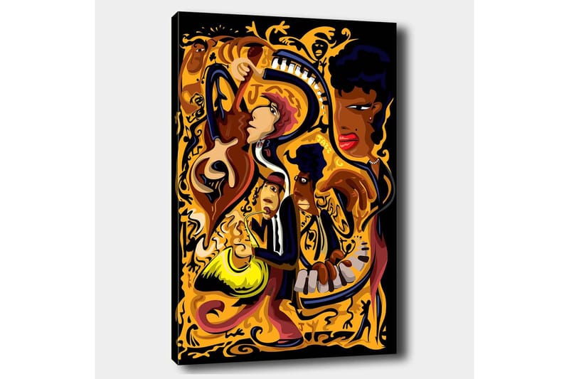Lerretsbilde 70x100 cm - Livlig og dynamisk skildring av musikere som spiller forskjellige instrumenter i en fargerik komposisjon - Gull / Svart / Rød - Innredning - Bilder & kunst - Lerretsbilder