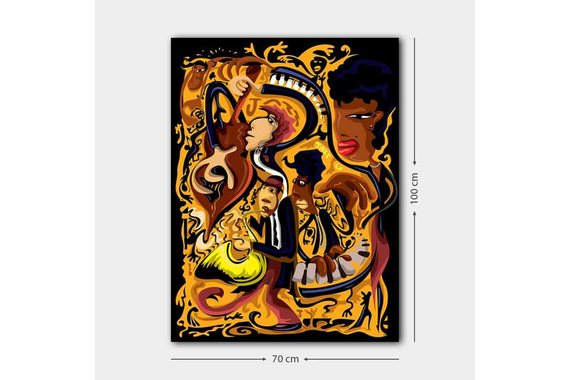 Lerretsbilde 70x100 cm - Livlig og dynamisk skildring av musikere som spiller forskjellige instrumenter i en fargerik komposisjon - Gull / Svart / Rød - Innredning - Bilder & kunst - Lerretsbilder
