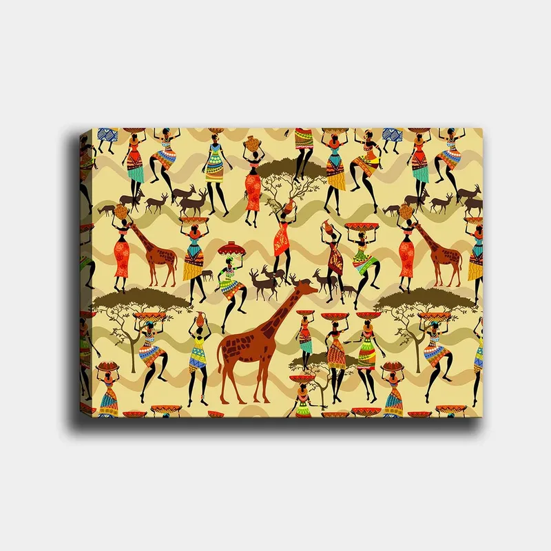 Lerretsbilde 70x100 cm - Livlig og fargerik scene med mennesker i tradisjonelle klær som danser og samhandler med dyr i en afrikansk setting - Rød / Brun / Grønn - Innredning - Bilder & kunst - Lerretsbilder