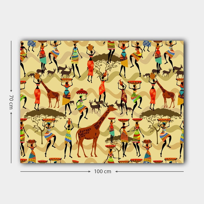 Lerretsbilde 70x100 cm - Livlig og fargerik scene med mennesker i tradisjonelle klær som danser og samhandler med dyr i en afrikansk setting - Rød / Brun / Grønn - Innredning - Bilder & kunst - Lerretsbilder