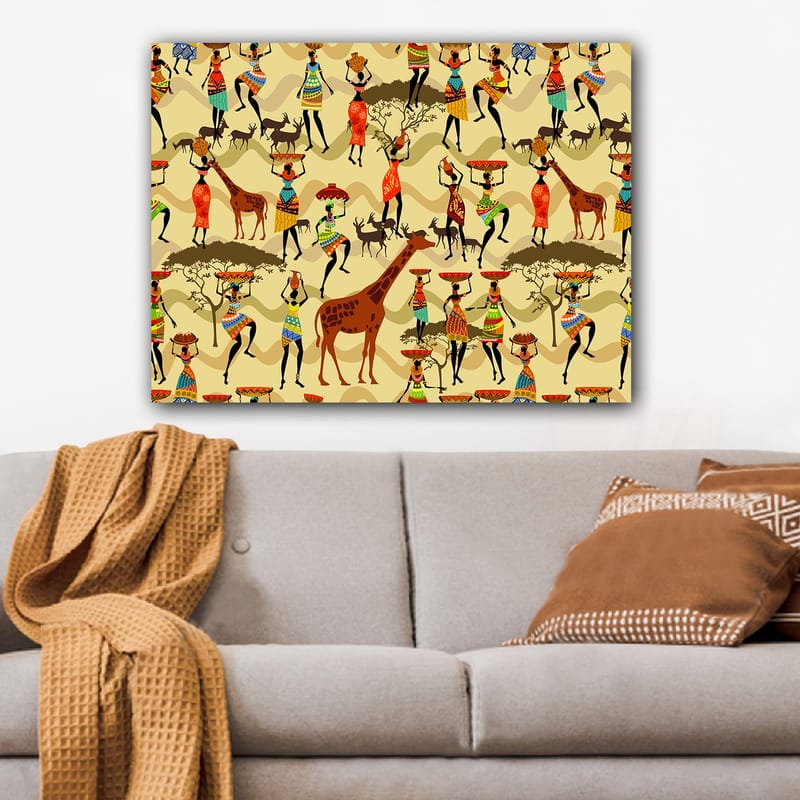 Lerretsbilde 70x100 cm - Livlig og fargerik scene med mennesker i tradisjonelle klær som danser og samhandler med dyr i en afrikansk setting - Rød / Brun / Grønn - Innredning - Bilder & kunst - Lerretsbilder