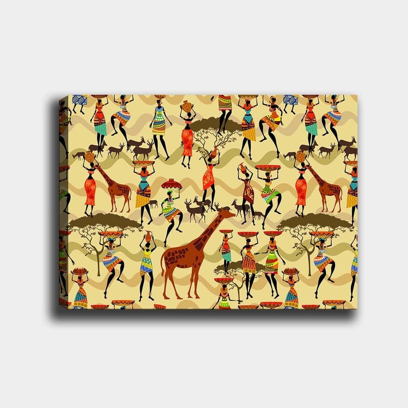 Lerretsbilde 70x100 cm - Livlig og fargerik scene med mennesker i tradisjonelle klær som danser og samhandler med dyr i en afrikansk setting, Rød / Brun / Grønn