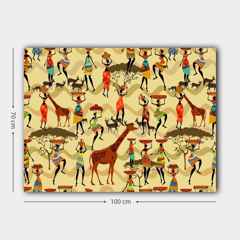 Lerretsbilde 70x100 cm - Livlig og fargerik scene med mennesker i tradisjonelle klær som danser og samhandler med dyr i en afrikansk setting - Rød / Brun / Grønn - Innredning - Bilder & kunst - Lerretsbilder