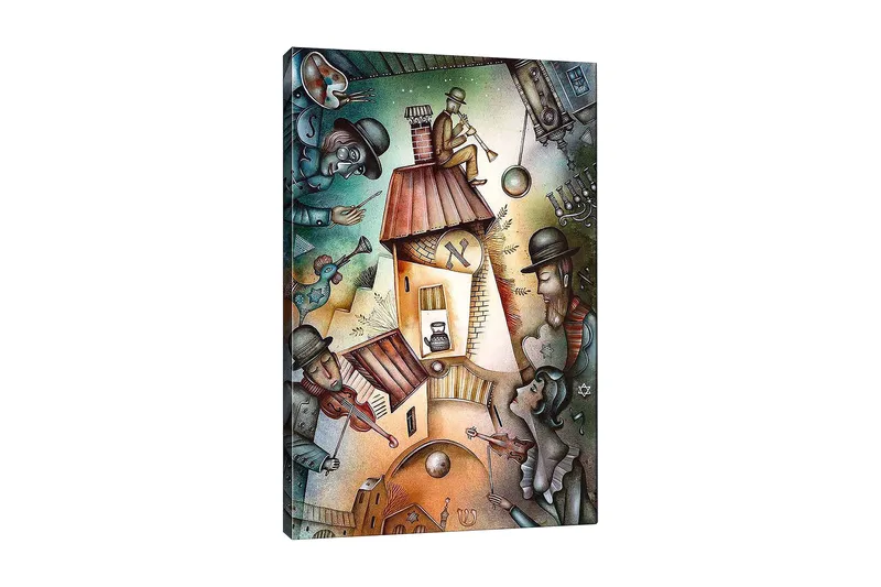 Lerretsbilde 70x100 cm - Livlig scene med musikere og en figur som spiller trompet på taket av et hus, Grønn / Brun / Blå