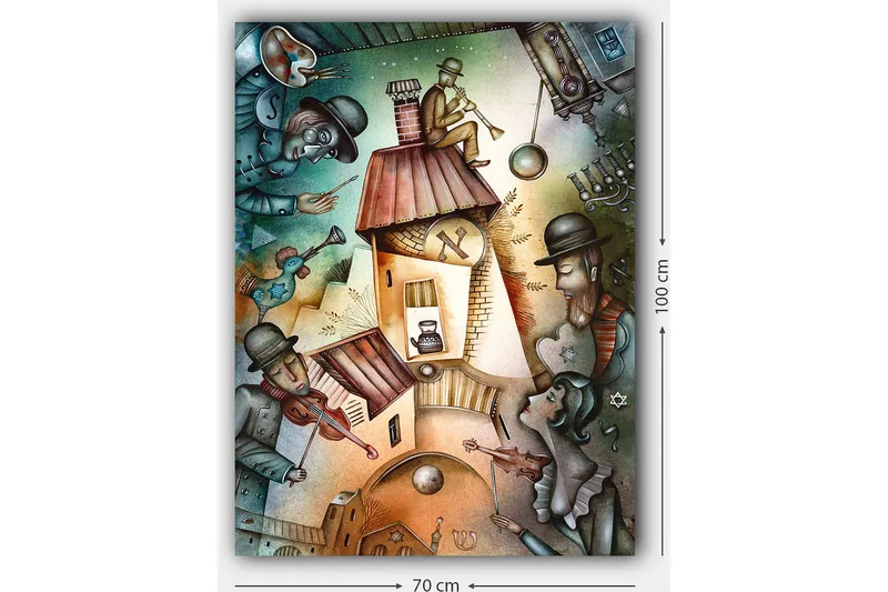 Lerretsbilde 70x100 cm - Livlig scene med musikere og en figur som spiller trompet på taket av et hus - Grønn / Brun / Blå - Innredning - Bilder & kunst - Lerretsbilder