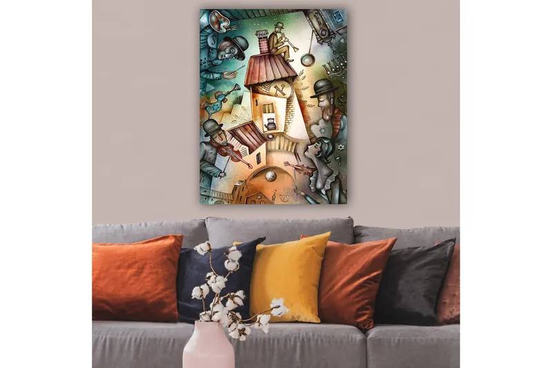 Lerretsbilde 70x100 cm - Livlig scene med musikere og en figur som spiller trompet på taket av et hus - Grønn / Brun / Blå - Innredning - Bilder & kunst - Lerretsbilder