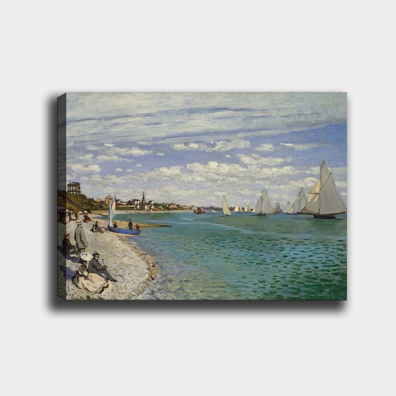 Lerretsbilde 70x100 cm - Livlig strandscene med seilbåter som glir over vannet, Blå / Hvit / Grønn