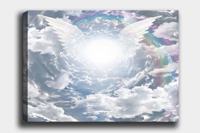 Lerretsbilde 70x100 cm - Lys og drømmende himmel med englevinger som strekker seg mot et strålende midtpunkt, Hvit / Lys blå / Grå
