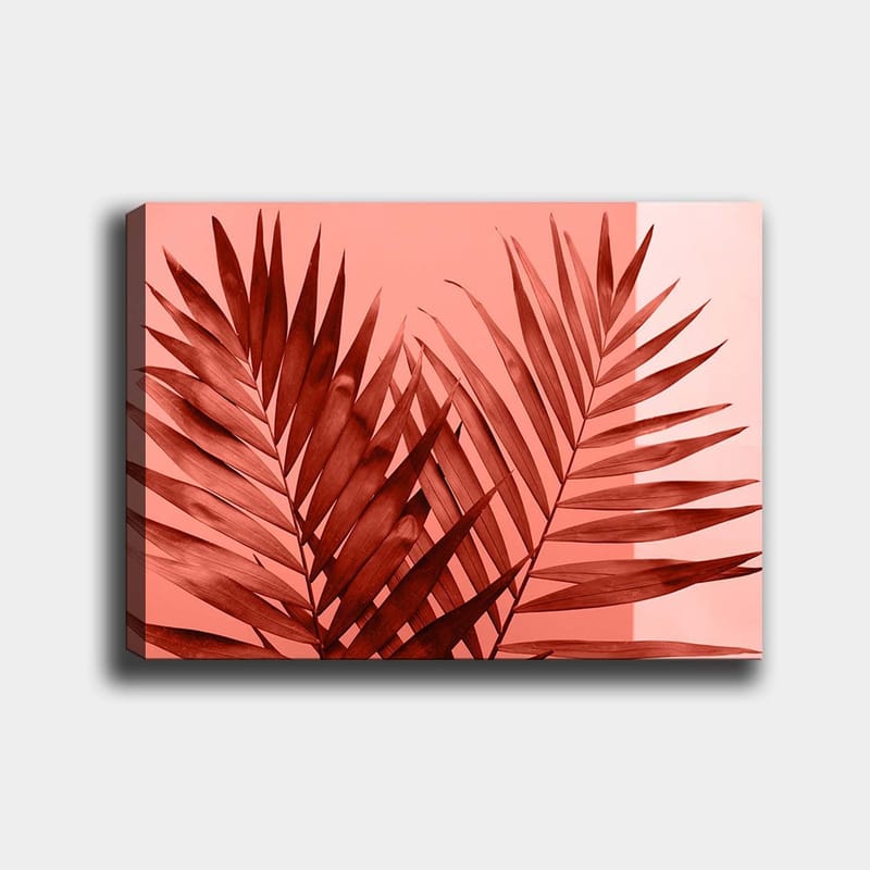 Lerretsbilde 70x100 cm - Mørke palmeblader mot en lys korallbakgrunn, Mørk rød / Korall